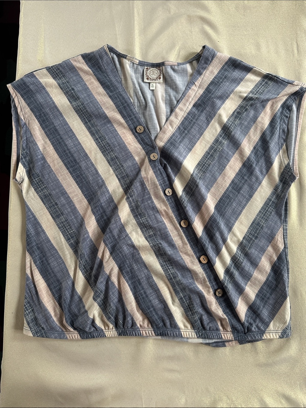 Striped V-Neck Blouse in Blue, Cream & Tan